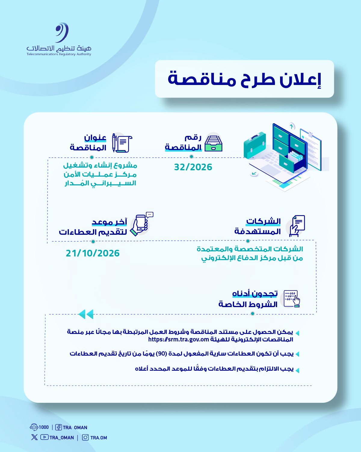 هيئة تنظيم الاتصالات تطرح مناقصة لإنشاء وتشغيل مركز عمليات الأمن السيبراني المُدار
